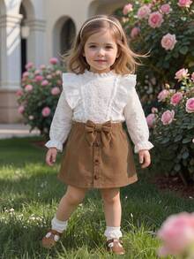 SHEIN Vintaside Kids Ensemble Chemisier Petite Fille Avec Jupe Courte Et Ceinture, Tenue Simple Et Élégante Pour Les Saisons De Printemps Et D'automne - Multicolore - Voir 13