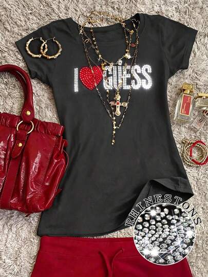 Glimmora Crop top con eslogan de cristal de mujer Y2K, cuello redondo, manga corta, casual y cómodo, adecuado para reuniones diarias, con gráficos de cristal coloridos y brillantes de estilo vintage