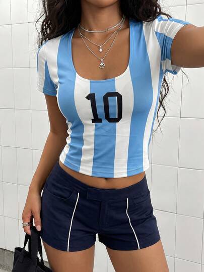 SHEIN HypeZone Women's Striped Numeric Print Fitted Short Sleeve Sports T-Shirt