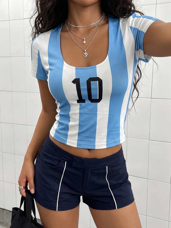 SHEIN HypeZone Women's Striped Numeric Print Fitted Short Sleeve Sports T-Shirt