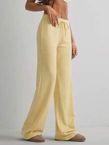 Pantalones casuales de pierna recta larga de unicolor para mujer con elasticidad media - Amarillo - Ver 3