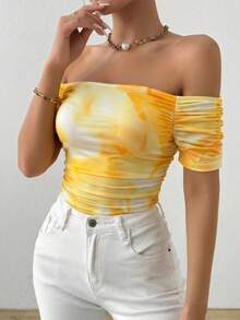 Chiquease Women's Tie-Dye Fitted Off-Shoulder Ruched Short Sleeve T-Shirt - Yellow - View 4