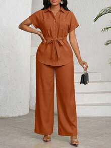 SHEIN Lady Women's Orange Solid Brown Short Sleeve Collared Button Front Blouse And Wide Leg Pant Set With Tie Waist - Orange - View 4