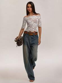 SHEIN BAE 女款優雅性感透視蕾絲花卉上衣，適合夜店、約會、外出，時尚優雅派對蕾絲襯衫 - 白色 - 查看 3