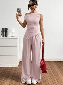 SHEIN EZwear 女士莲花粉色不对称领口褶皱不对称下摆上衣和带口袋休闲裤两件套 - 藕粉色 - 查看 4
