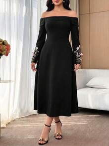 Feyla Plus Size Off-Shoulder Long Sleeve Elegant Summer Minimalist Design Dress - Black - View 6