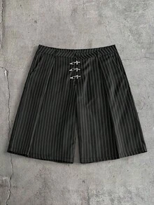 AXEPEAK 男士條紋印花金屬裝飾斜口袋休閒短褲 - 黑色 - 查看 7