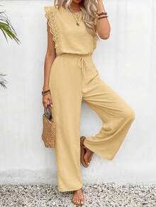 SHEIN Frenchy 女士无袖露脐蕾丝上衣，两件套，纹理面料 - 淡黃色 - 查看 5