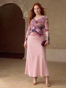 MOTF PREMIUM TOP ELEGANTE DE TALLA GRANDE CON ESTAMPADO FLORAL, CUELLO COWL Y DECORACIÓN METÁLICA, PRIMAVERA/VERANO - Morado - Ver 4