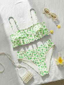 Swim Mod 花卉荷葉邊可愛甜美復古休閒度假海灘海邊女款泳衣套裝 - 彩色 - 查看 2