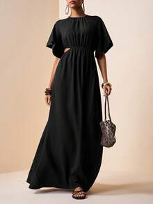 Zivah Elegant Sexy Casual Jamican Pastal Summer Vacation Maxi Dress Women's Loose Round Neck Short Sleeve Ruffle Hollow Waist Linen Textured Boho Long Black - Black - View 5