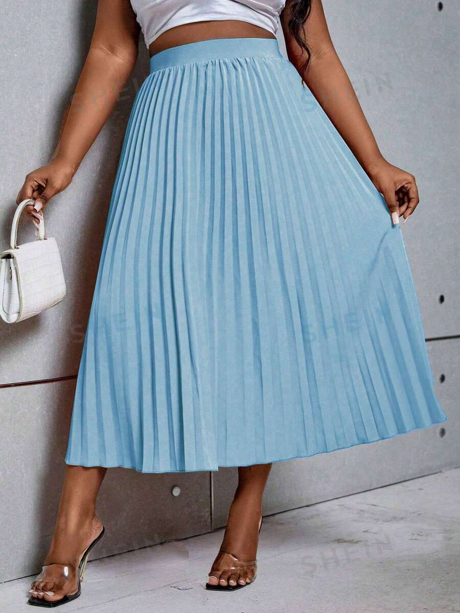 SHEIN Clasi Rok Kasual Lipit Pinggang Tinggi Warna Polos untuk Wanita Ukuran Plus (Musim Gugur) - Biru - View 1