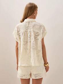 Briarwyn Bộ áo sơ mi và quần short trắng dệt jacquard, trang phục 2 mảnh rộng rãi thoải mái cho mùa hè. - Màu be - Xem 6