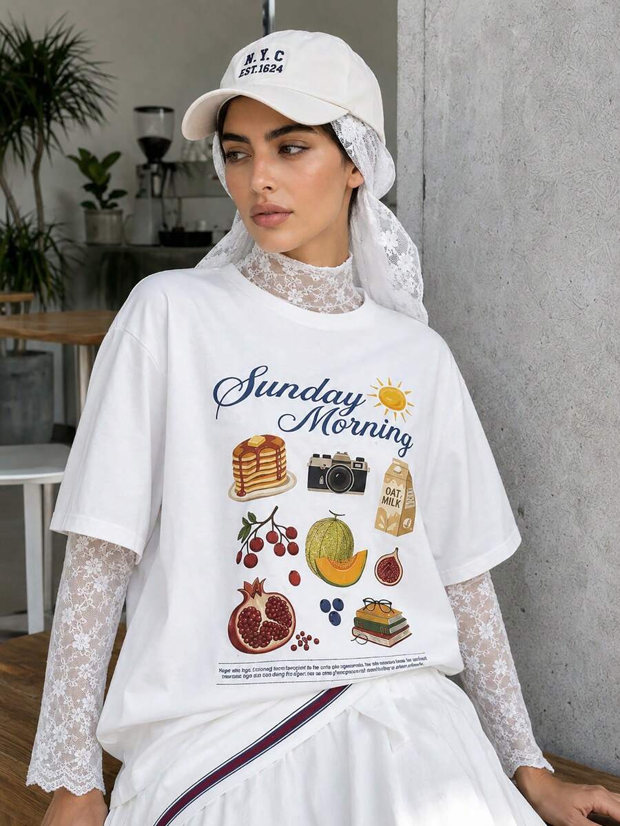 Mulvari Áo thun nữ tay ngắn cổ tròn in chữ, kiểu dáng thường ngày, đa năng. - trắng - Xem 1