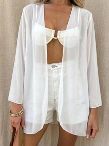 Vaclyn Summer Beach Sheer Chiffon Open Front Kimono Vacation White - White - View 2