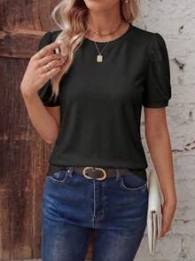 EMERY ROSE 女款休閒復古基礎款黑色圓領泡泡袖設計T恤 - 黑色 - 查看 4