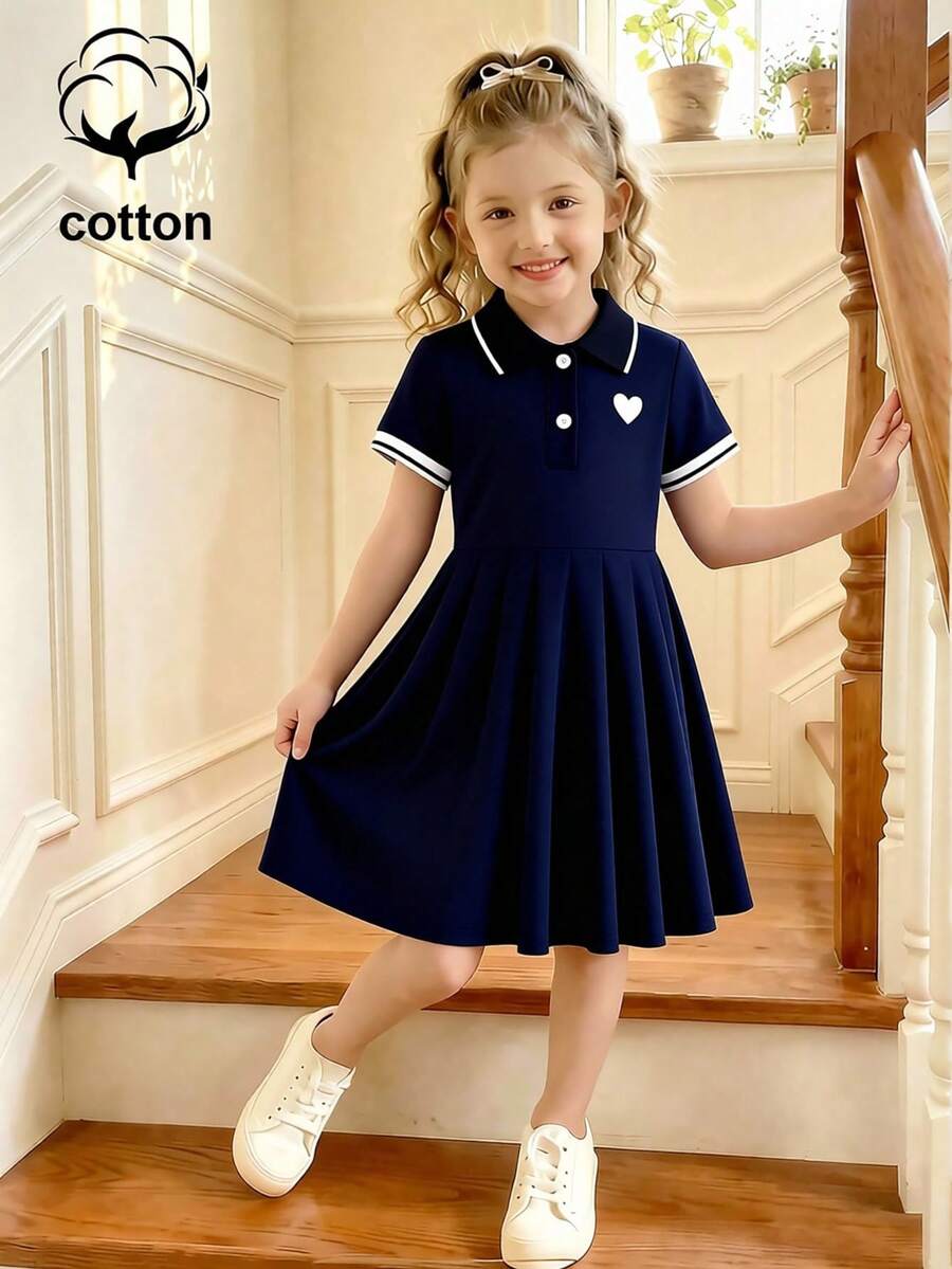 Elladie kids 女童翻领爱心印花Polo衫连衣裙，藏蓝色短袖针织收腰连衣裙，学院风可爱夏日连衣裙 - 寶藍色 - 查看 1