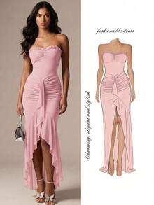 SHEIN Glamour Vestido corto de mujer con busto de malla de punto verde con volante en el bajo, vestido de fiesta de vacaciones sexy verde para mujer, vestido con abertura - Rosa - Ver 1