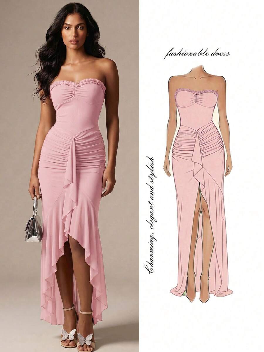 SHEIN Glamour Vestido corto de mujer con busto de malla de punto verde con volante en el bajo, vestido de fiesta de vacaciones sexy verde para mujer, vestido con abertura - Rosa - Ver 1