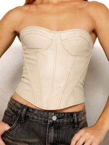 BiaLiraa Women's Casual Solid Color Bandeau Top With Fishbone Stitching, Summer - Apricot - View 3