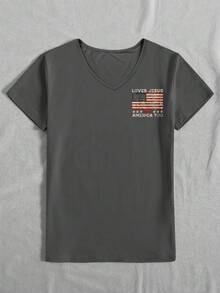 EMERY ROSE Women's V-Neck Flag English Text Graphic T-Shirt, Casual Everyday Wear Going Out Dark Grey Summer - Grey - View 4