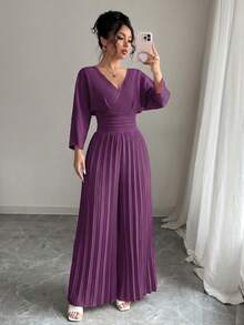 Rafferiza Women's Solid Color Minimalist V-Neck Jumpsuit, Everyday Wear - Purple - View 6