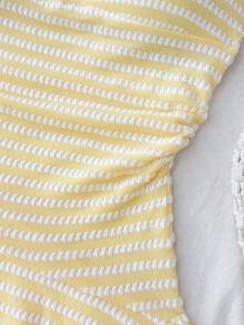 SHEIN Kids Teen Girls Cute Summer Yellow Beach Holiday Dress,Knitted Textured Stripes Halter Neck Tie Front Ruched Metallic Decor Tiered Ruffle Mini Dress - Yellow - View 5