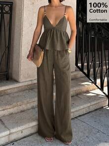 Siren Gaze Women's Solid Color Minimalist Camisole Top And Pants 2 Pieces Set - Army Green - View 3