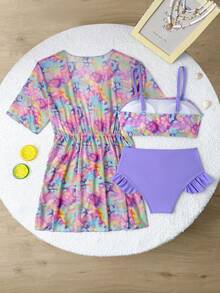 Tween Girl 3 Pieces Swimwear Set,Cute Leopard Print Sea Blue,Summer,Beach,Holiday Fashionable Tropical Matching Swim Suits For Teens Girls,Summer - Multicolor - View 2