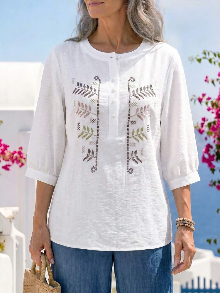 Women's Casual Button-Up 3/4 Sleeve Shirt For Summer
