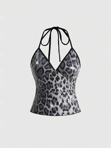 ROMWE Fairycore Women's Sexy Backless Leopard Print Sequin Halter Neck Blouse, Suitable For Summer, Nightclub, Party, Vacation - Grey - View 1