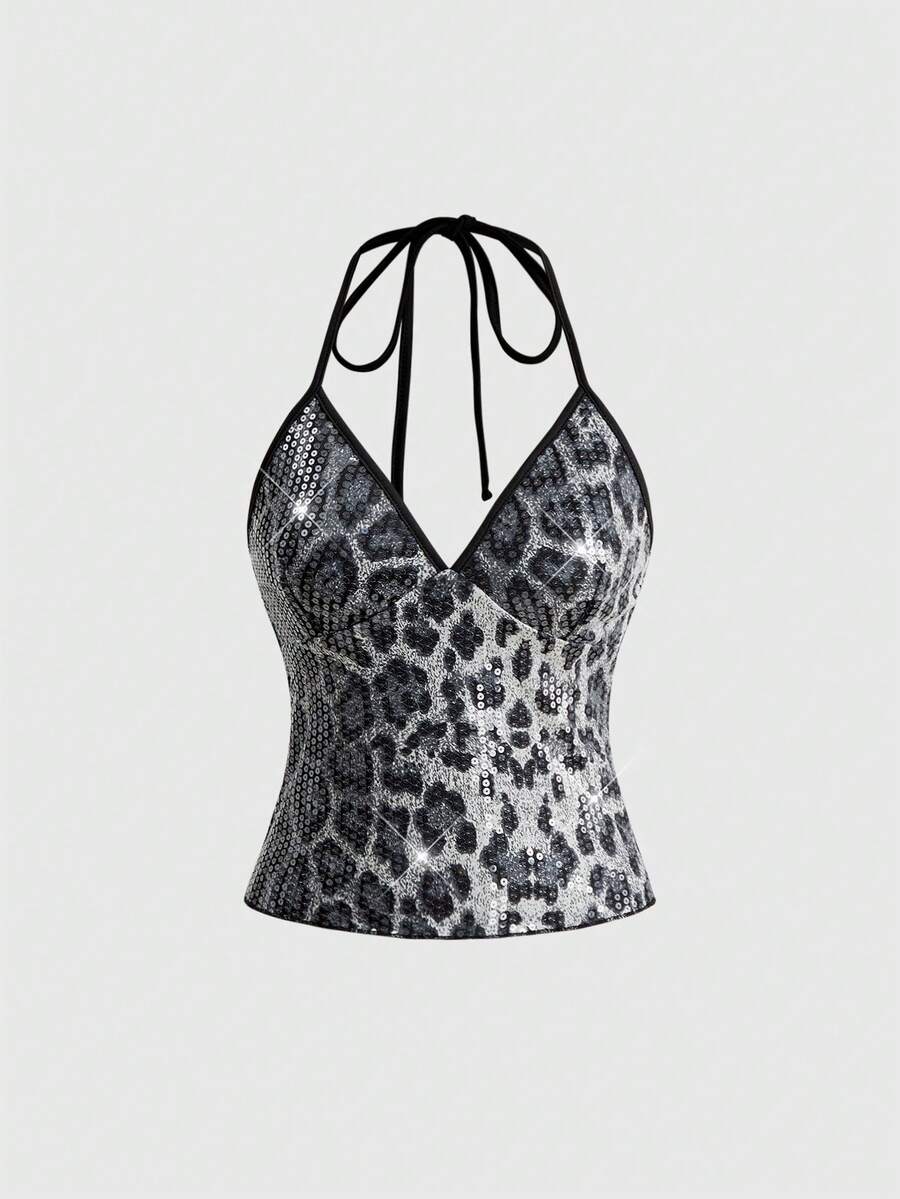 ROMWE Fairycore Women's Sexy Backless Leopard Print Sequin Halter Neck Blouse, Suitable For Summer, Nightclub, Party, Vacation - Grey - View 1