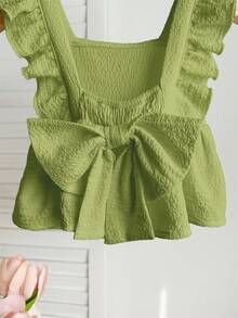 SHEIN Áo kiểu bé gái dễ thương, có họa tiết, thắt nơ, thích hợp cho mùa hè. - Màu xanh Ô liu - Xem 6