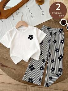 SHEIN Young Girls' Fashion Casual Minimalist White Printed T-Shirt And Black&Striped Knit Pants 2-Piece Set,Suitable For Outings,School,Vacation - Multicolor - View 2