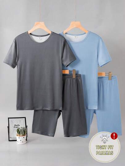 青少年男童纯色修身家居服套装，纯色短袖短裤睡衣，简约舒适家居服