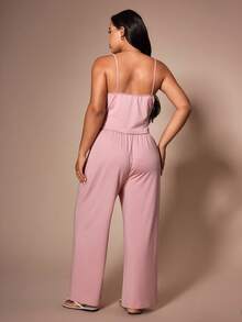 Lazeform 3pcs Plus Size Lace Patchwork Camisole, Pants And Robe Sleepwear Set, Suitable For All Seasons - Pink - View 2
