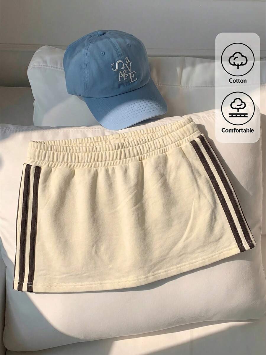 Comfortcana 女士休闲半身裙,侧边饰有棕色撞色条纹,腰部采用松紧设计,米白色 - 米色 - 查看 1