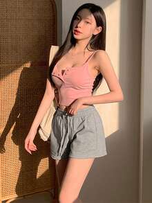 DAZY Women's Plain Drawstring Casual Shorts, Perfect For Daily Wear In Spring And Summer Sweater Shorts - Grey - View 3