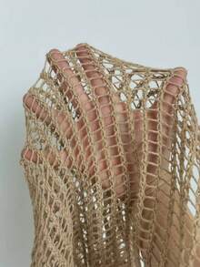 MISSGUIDED Crochet Open Back Mini Dress With Long Bell Sleeves And Large Disc Sequin Hem Trim Festival Party Cover-Up - Khaki - View 3