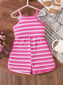 SHEIN Elladie kids 女童夏季新款简约橙白条纹拼接连体裤，花卉装饰休闲运动风连体衣 - 玫紅色 - 查看 2