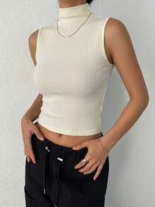 DAZY Women's Summer Solid Color Versatile High Neck Fitted Camisole - Beige - View 2