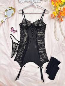SHEIN Bộ 3 món áo ngủ gợi cảm phối ren, thắt nơ. - màu đen - Xem 7