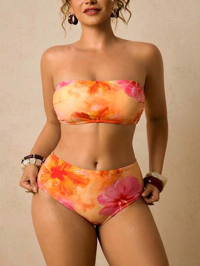 Travachic Ensemble de maillot de bain imprimé pour femmes grandes tailles, Top de maillot de bain bandeau avec nœud papillon
