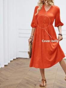 Miaspire Plus Size V-Neck Raglan Sleeve Midi Dress With Ruched Waist Fall - Orange - View 4