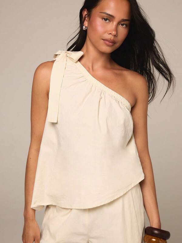 Athîral Women's Beige Asymmetric Hem One Shoulder Sleeveless Top And Long Pants Fashion Summer 2 Pieces Set, Vacation, Holiday, Beach Vacation