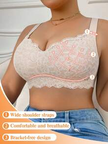 SHEIN Thin Full Coverage Lace Adjustable Lift & Support Wireless Bra, Comfortable Minimalist Plus Size Lingerie - Apricot - View 7