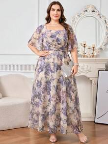 SHEIN Clasi 大码女式碎花荷叶袖优雅连衣裙 - 紫色 - 查看 6