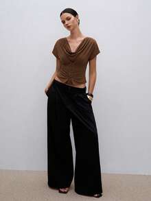 ATUI Studio Women's Fashionable Elegant Front Button Pleated Fitted Blouse Going Out Brunch Dinner Dark Brown Summer - Brown - View 1