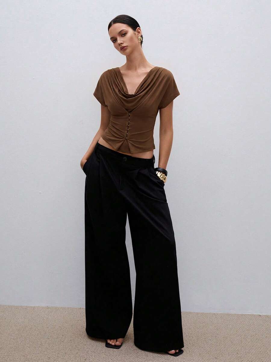 ATUI Studio Women's Fashionable Elegant Front Button Pleated Fitted Blouse Going Out Brunch Dinner Dark Brown Summer - Brown - View 1