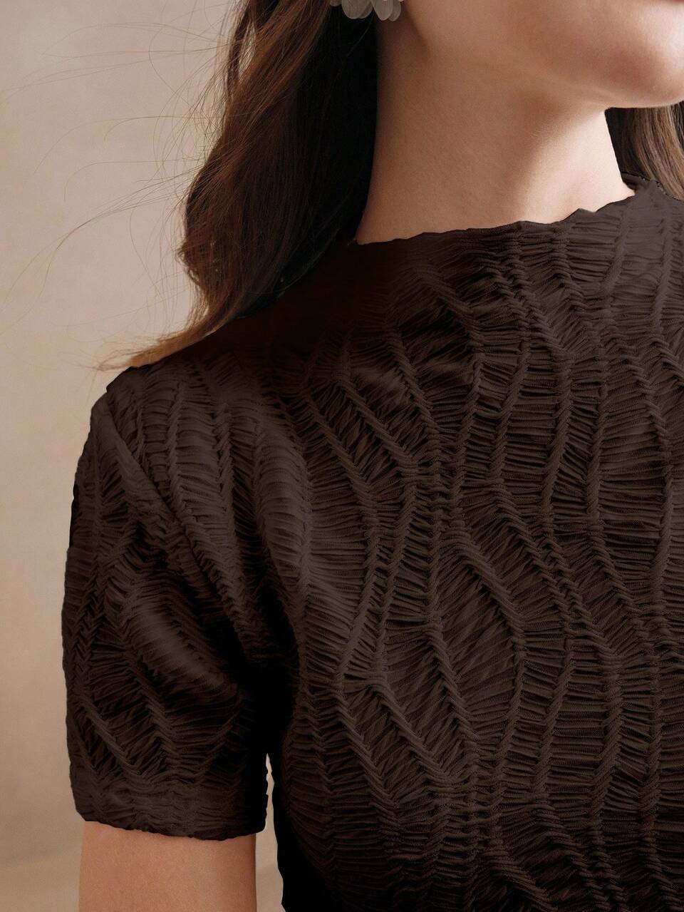 Anewsta Summer Elegant Vacation Beach Festival Casual Women Knitted Textured Crinkle Apricot Short Sleeve T-Shirt